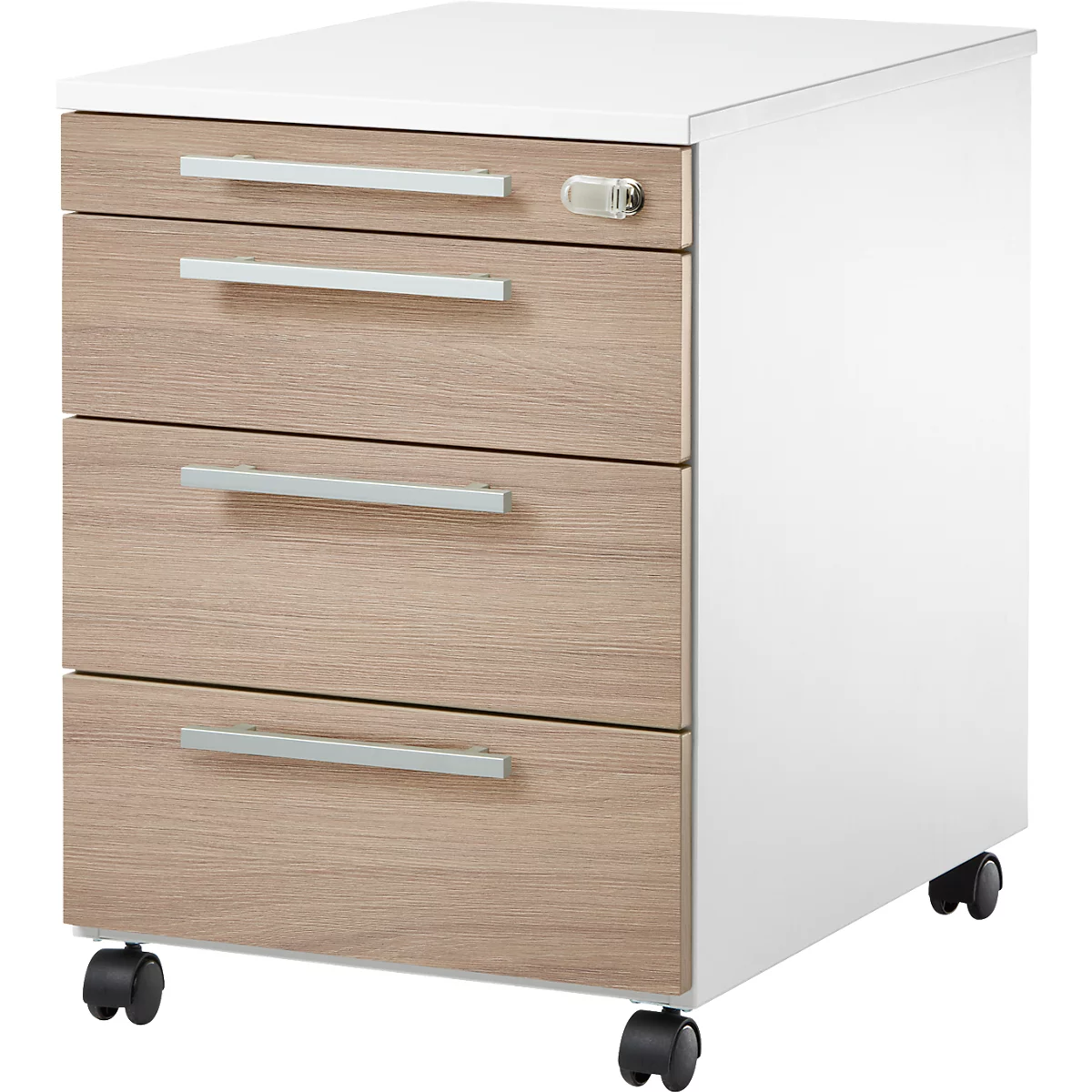 Rollcontainer mit Holzfront, drei Schubladen, Rollen. Oben weiss, Seiten weiss, Schubladen in Holzoptik.