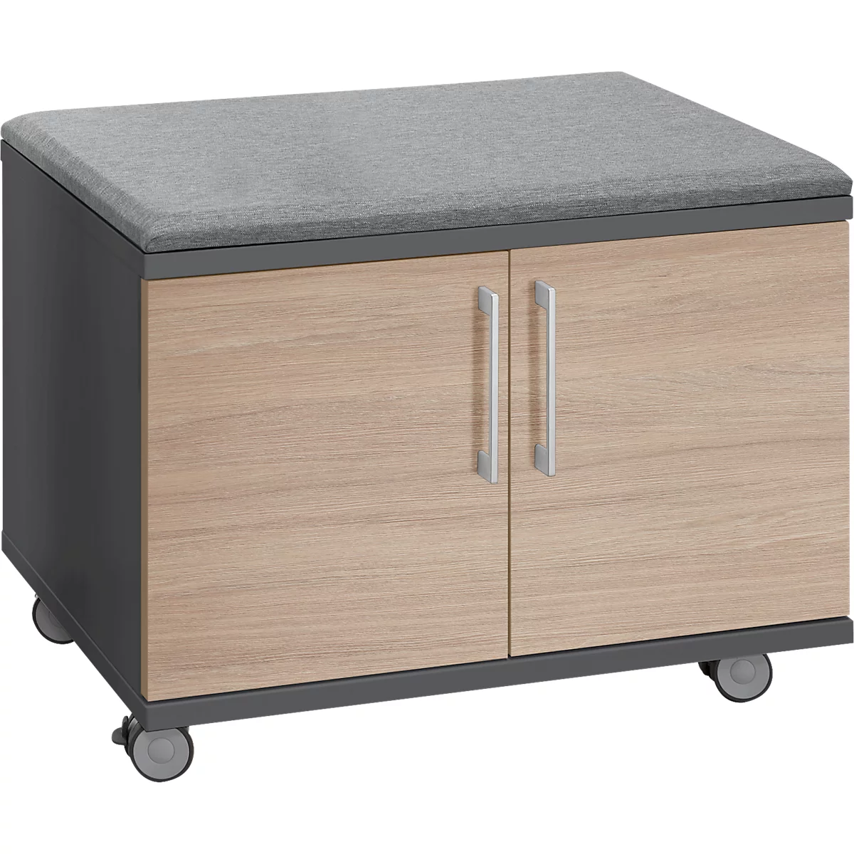 Stool with castors, grey seat and wooden doors.