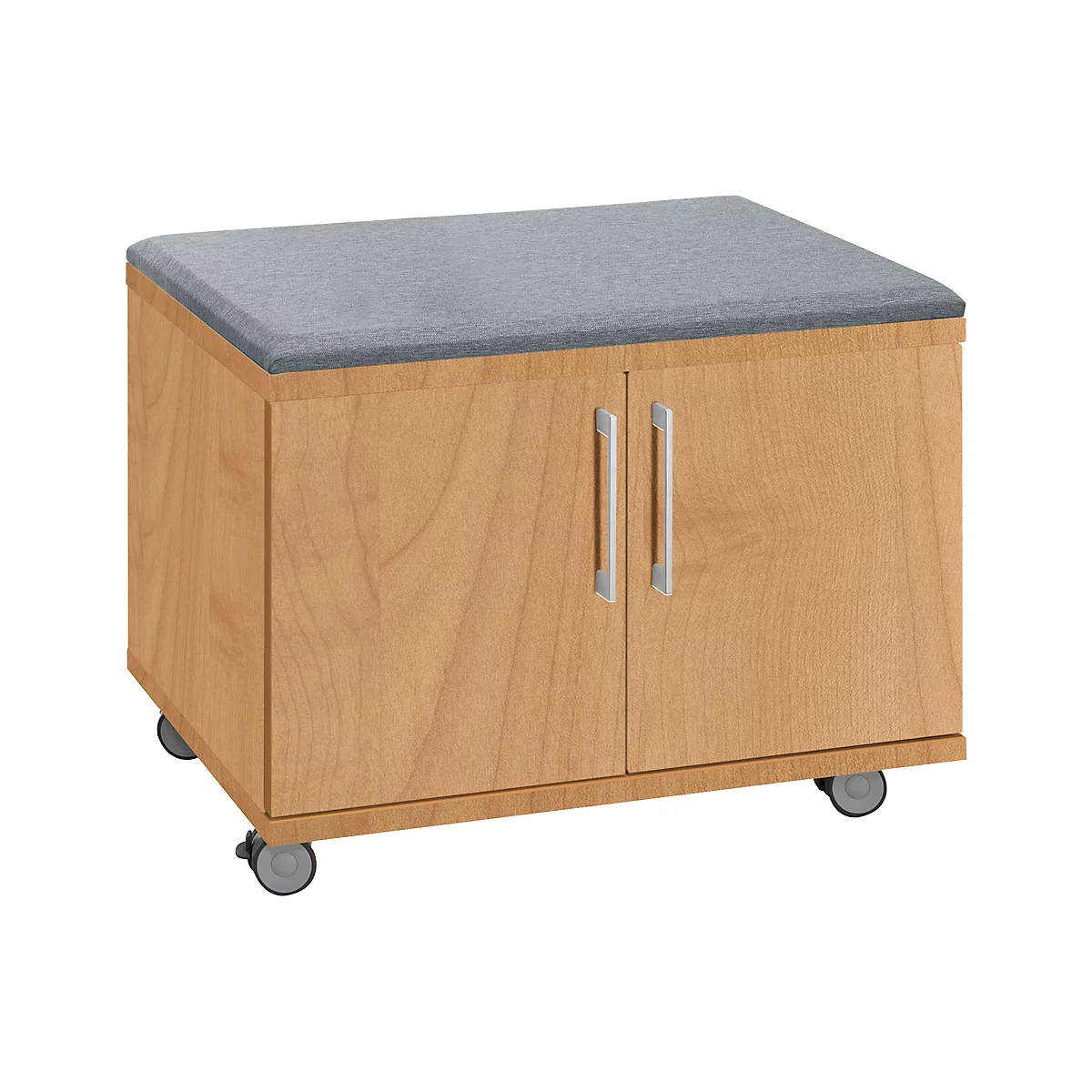 Wooden cabinet on casters with gray seat. Two doors, silver handles.