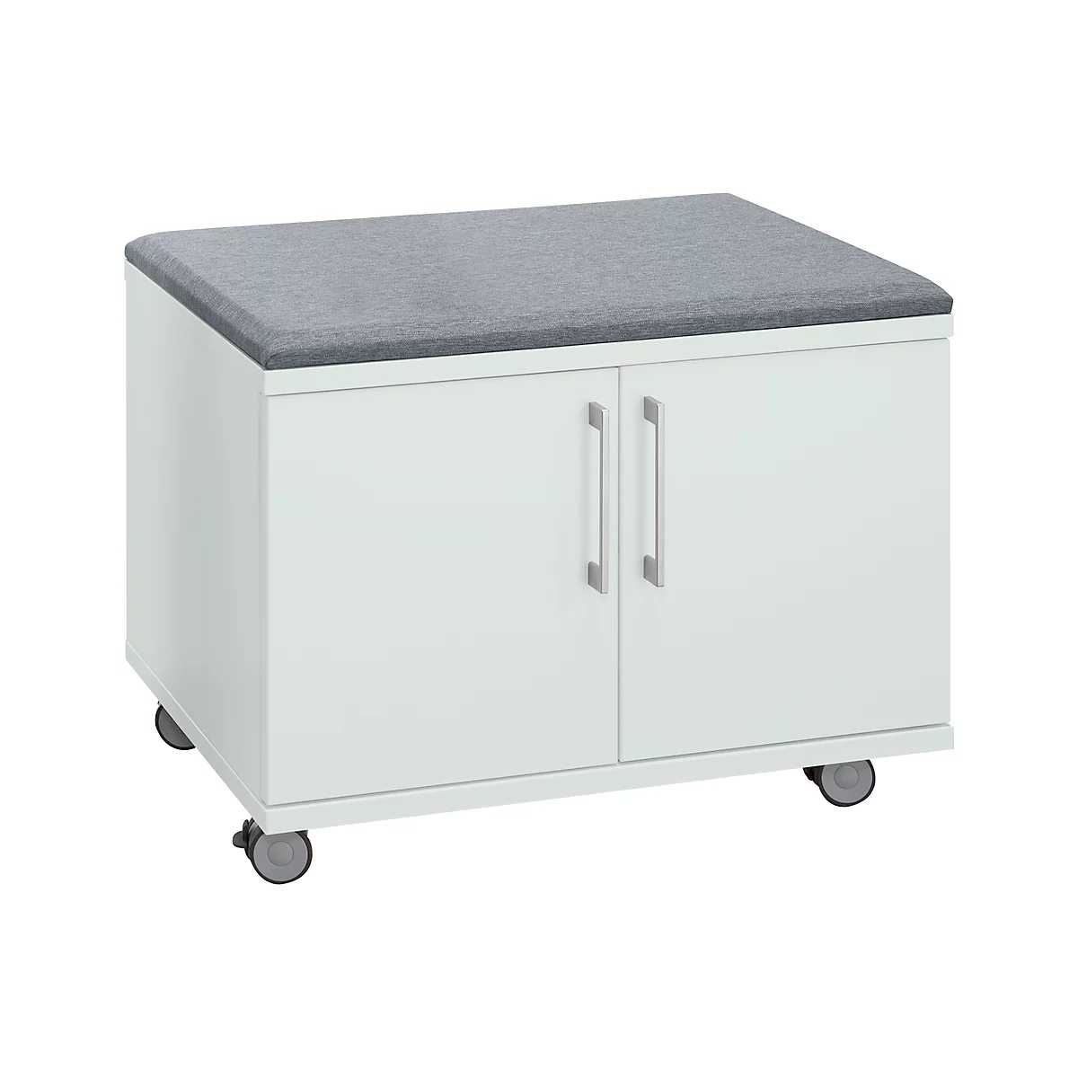 White stool with two doors, grey seat and castors.