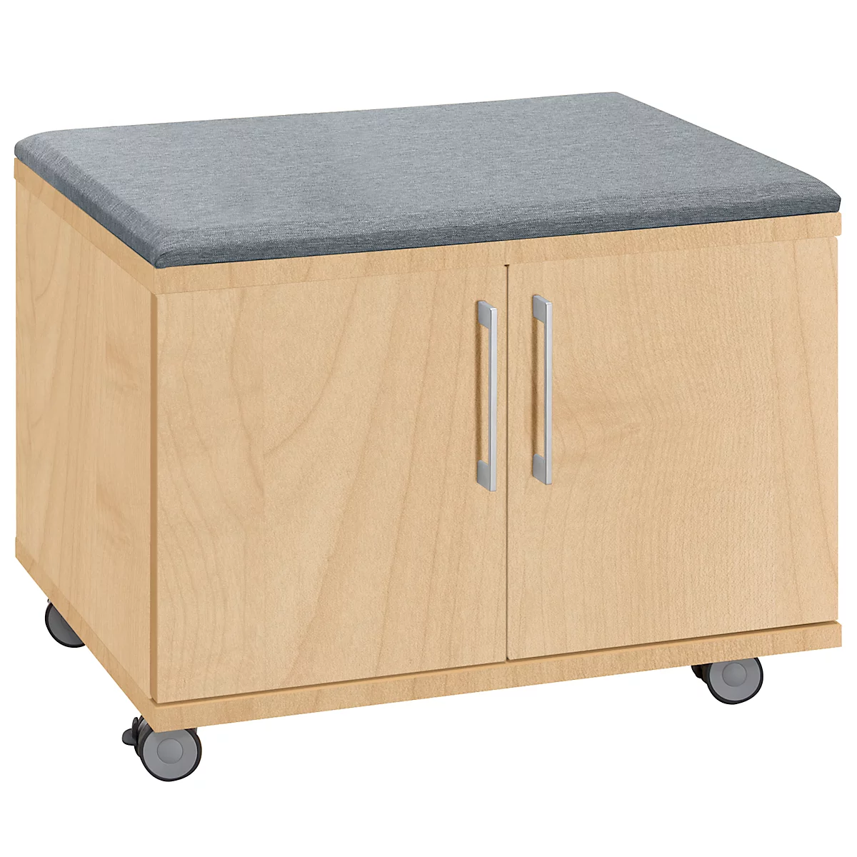 Wooden stool with wheels and gray seat cushion. Two doors with silver handles.
