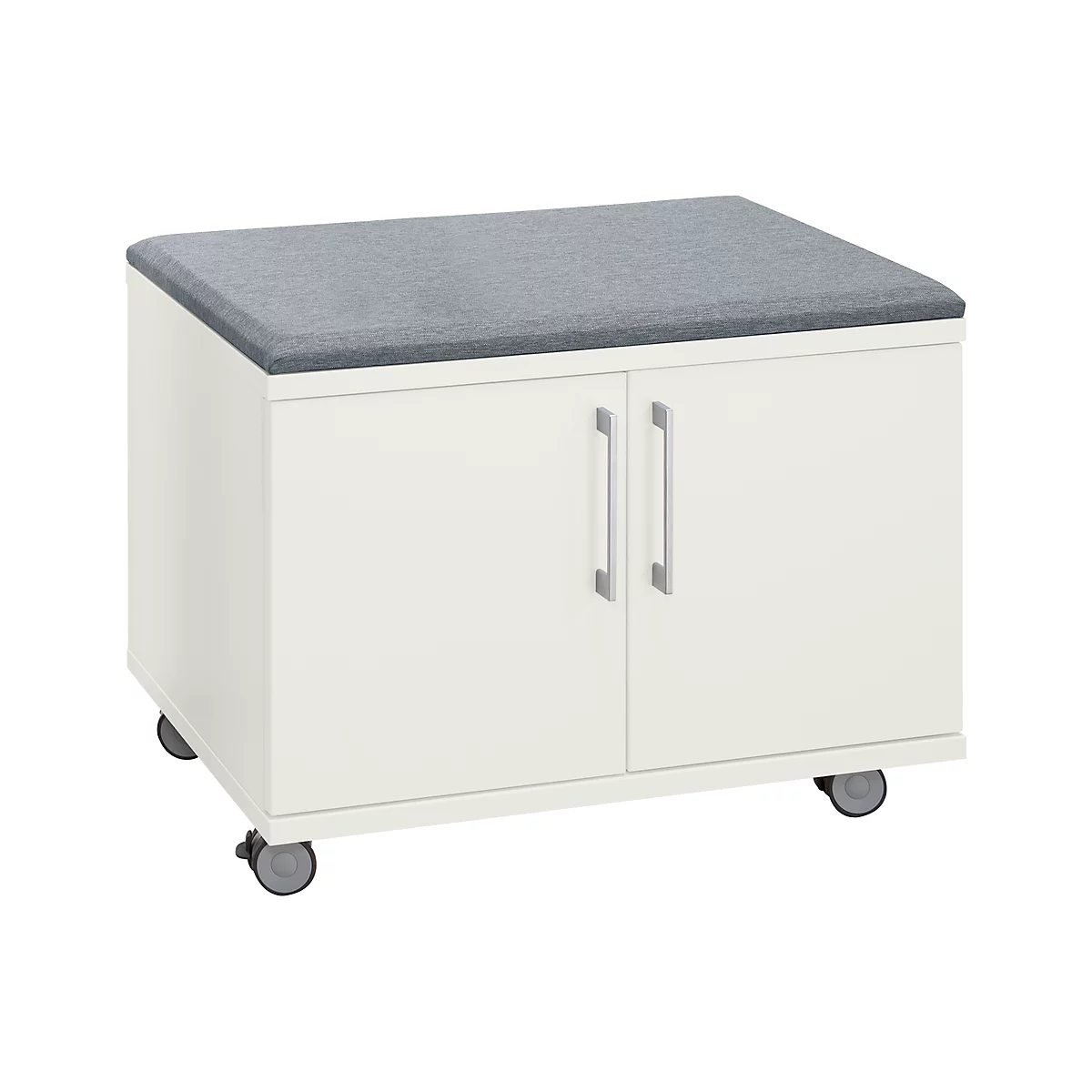 White cabinet with grey cushion, two doors, handles and castors.
