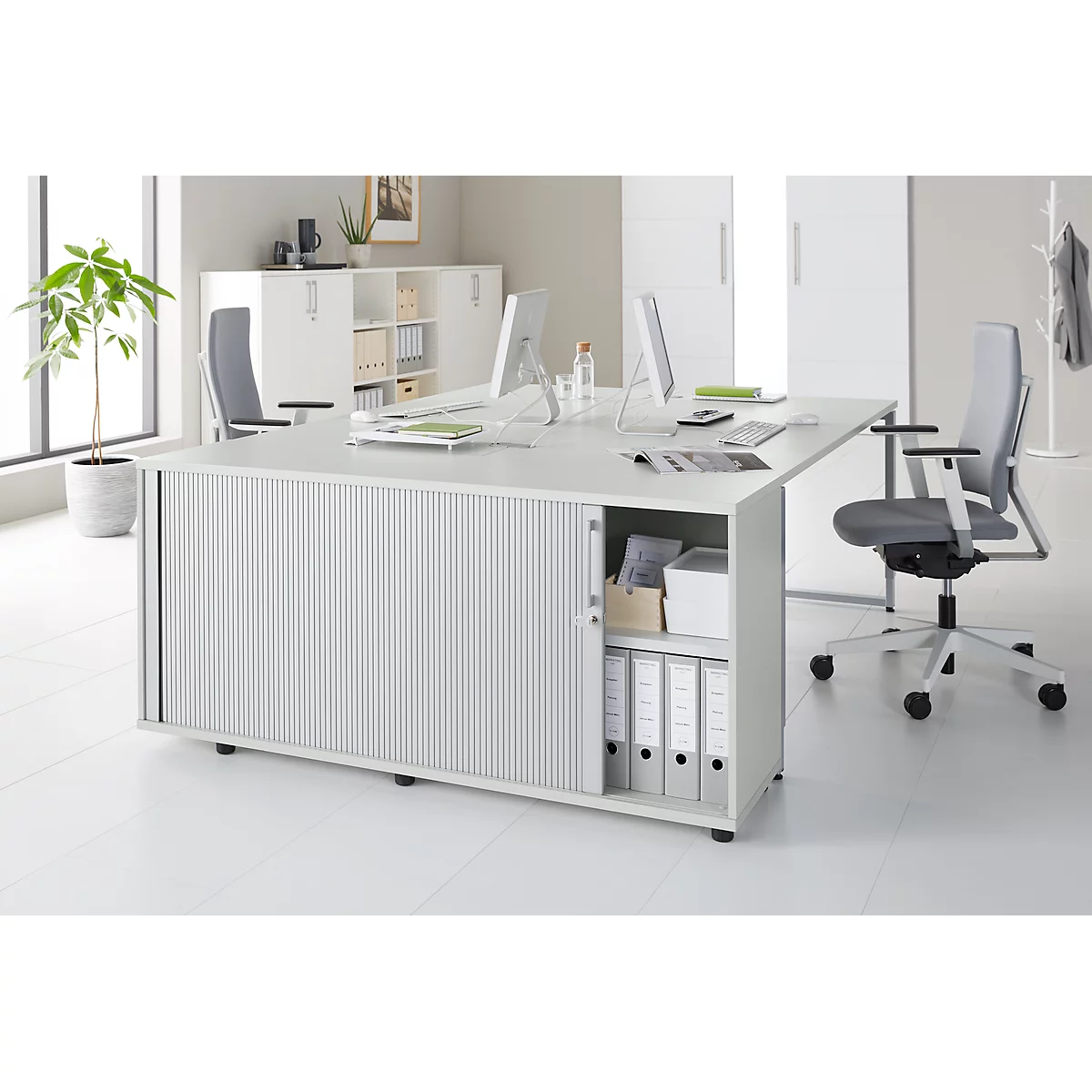Schäfer Shop Select Ronde rolluikkast, hout, 2 legplanken, B 1600 mm x D 421 x H 750 mm, lichtgrijs