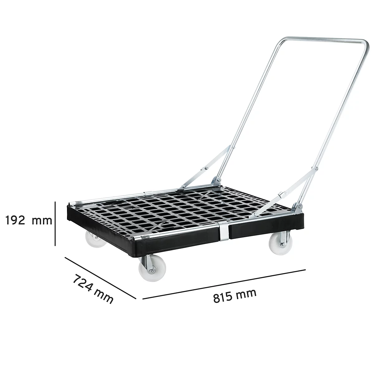 Schäfer Shop Select Rouleau de transport BASICline, jusqu'à 500 kg, barre de poussée rabattable, L 815 x l 724 x H 192 mm, PEHD recyclé, noir