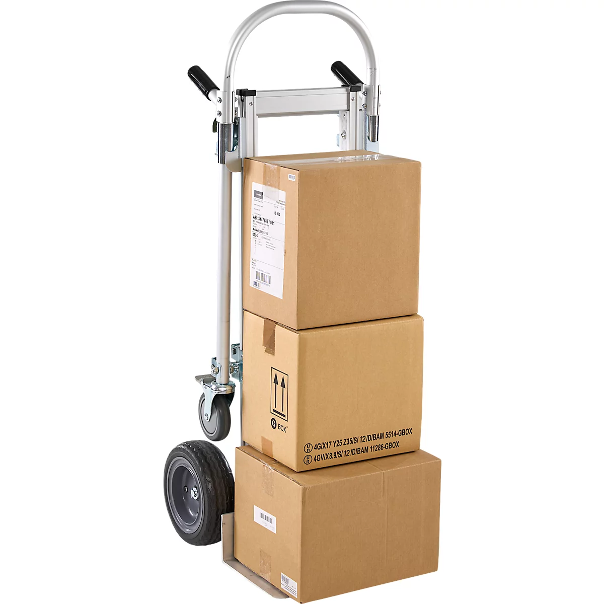 Schäfer Shop Select Sackkarre, 2-in-1, Tragkraft 250 kg, klappbar, Bock- und Lenkrollen, Aluminium/Kunststoff, schwarz-silber