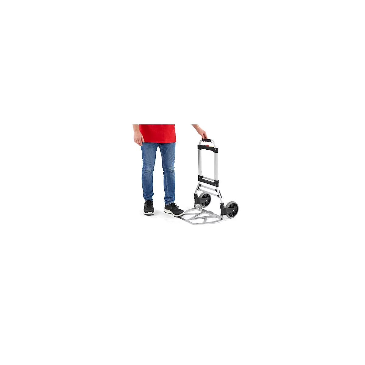 Schäfer Shop Select Sackkarre, Tragkraft 100 kg, klappbar, elastisches Spannband, 2 Bockrollen, Aluminium/Kunststoff, rot-schwarz-silber