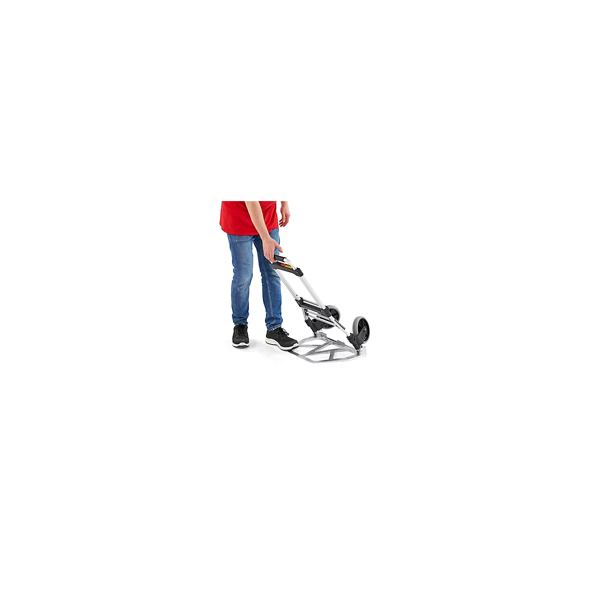 Schäfer Shop Select Sackkarre, Tragkraft 100 kg, klappbar, elastisches Spannband, 2 Bockrollen, Aluminium/Kunststoff, rot-schwarz-silber