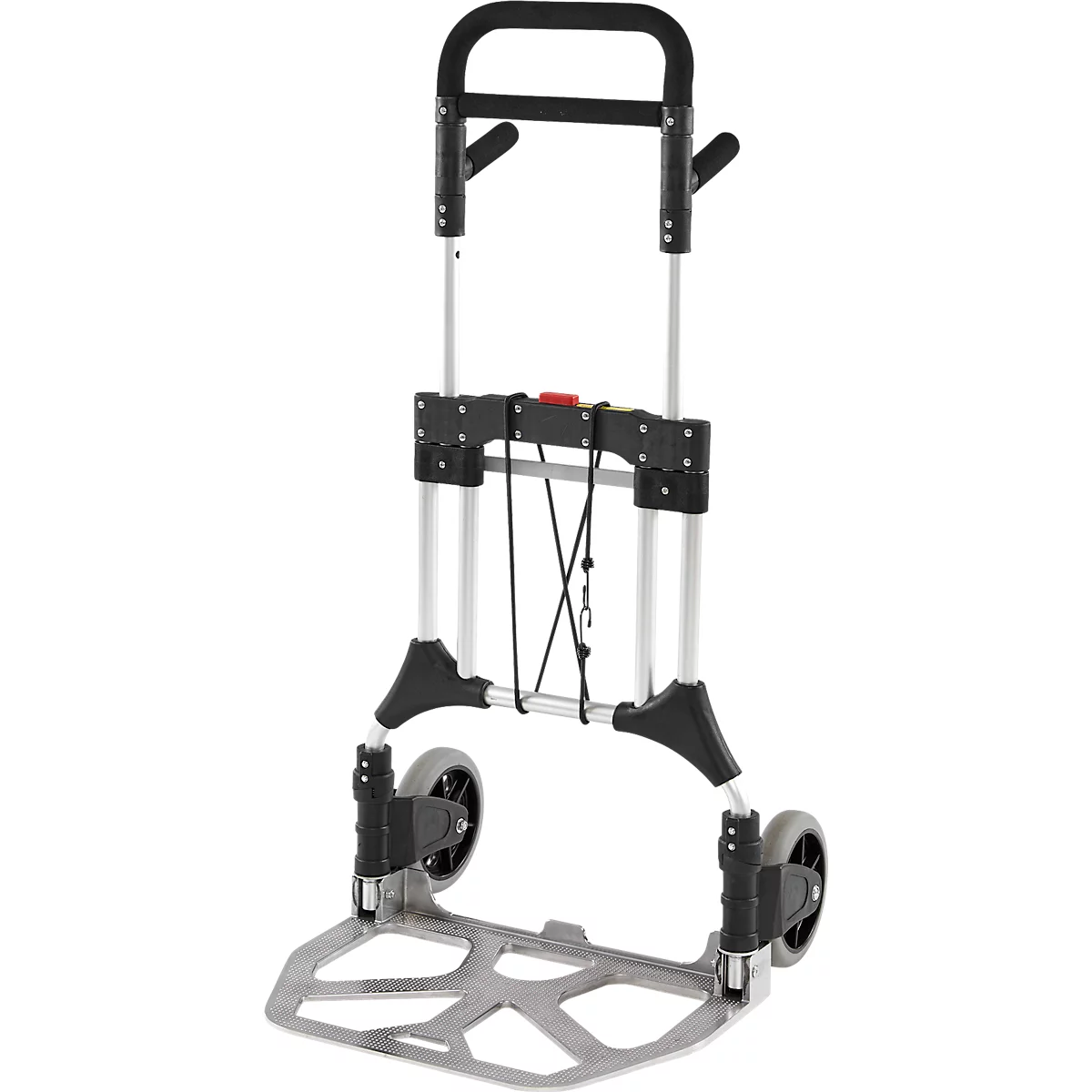 Schäfer Shop Select Sackkarre, Tragkraft 200 kg, klappbar, schwenkbare Handgriffe, Spannband, 2 Bockrollen, Aluminium/Kunststoff, rot-schwarz-silber
