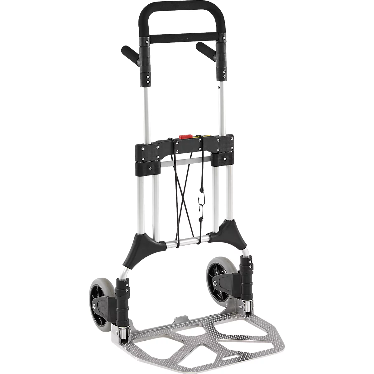 Schäfer Shop Select Sackkarre, Tragkraft 200 kg, klappbar, schwenkbare Handgriffe, Spannband, 2 Bockrollen, Aluminium/Kunststoff, rot-schwarz-silber