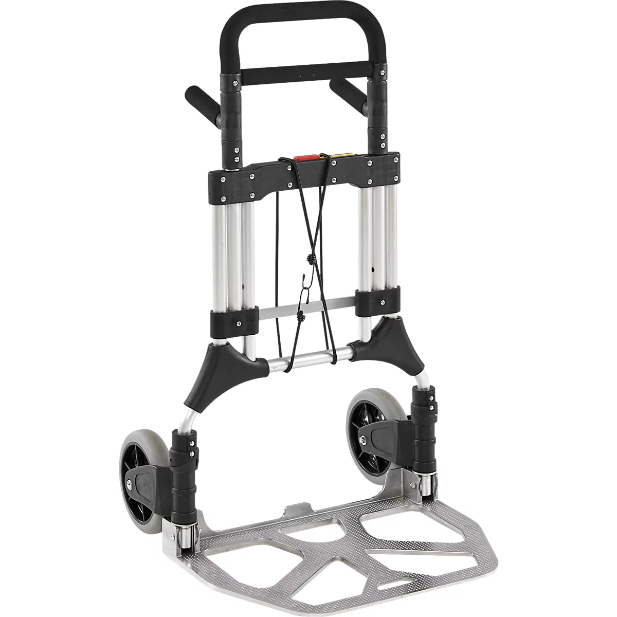 Schäfer Shop Select Sackkarre, Tragkraft 200 kg, klappbar, schwenkbare Handgriffe, Spannband, 2 Bockrollen, Aluminium/Kunststoff, rot-schwarz-silber