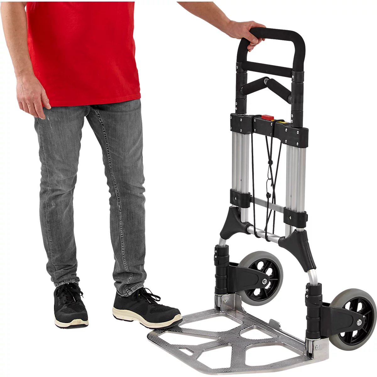 Schäfer Shop Select Sackkarre, Tragkraft 200 kg, klappbar, schwenkbare Handgriffe, Spannband, 2 Bockrollen, Aluminium/Kunststoff, rot-schwarz-silber