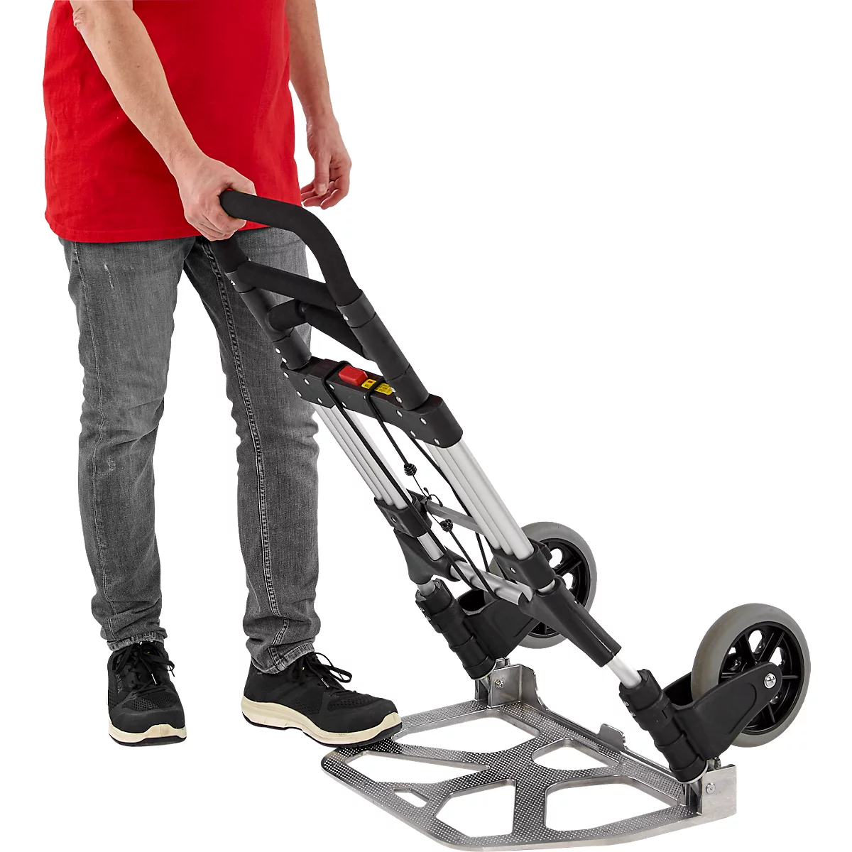 Schäfer Shop Select Sackkarre, Tragkraft 200 kg, klappbar, schwenkbare Handgriffe, Spannband, 2 Bockrollen, Aluminium/Kunststoff, rot-schwarz-silber