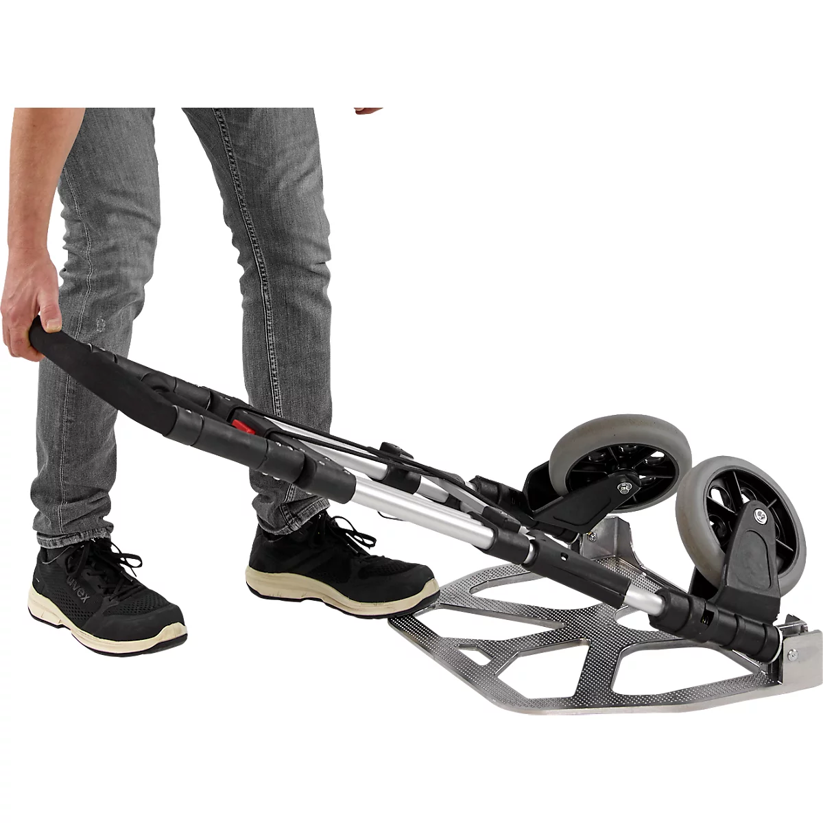 Schäfer Shop Select Sackkarre, Tragkraft 200 kg, klappbar, schwenkbare Handgriffe, Spannband, 2 Bockrollen, Aluminium/Kunststoff, rot-schwarz-silber
