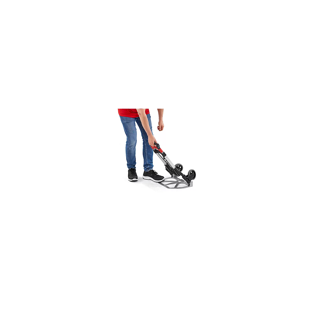 Schäfer Shop Select Sackkarre, Tragkraft 60 kg, klappbar, elastisches Spannband, 2 Bockrollen, Aluminium/Kunststoff, rot-schwarz-silber