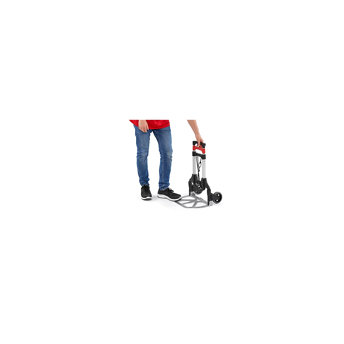 Schäfer Shop Select Sackkarre, Tragkraft 60 kg, klappbar, elastisches Spannband, 2 Bockrollen, Aluminium/Kunststoff, rot-schwarz-silber