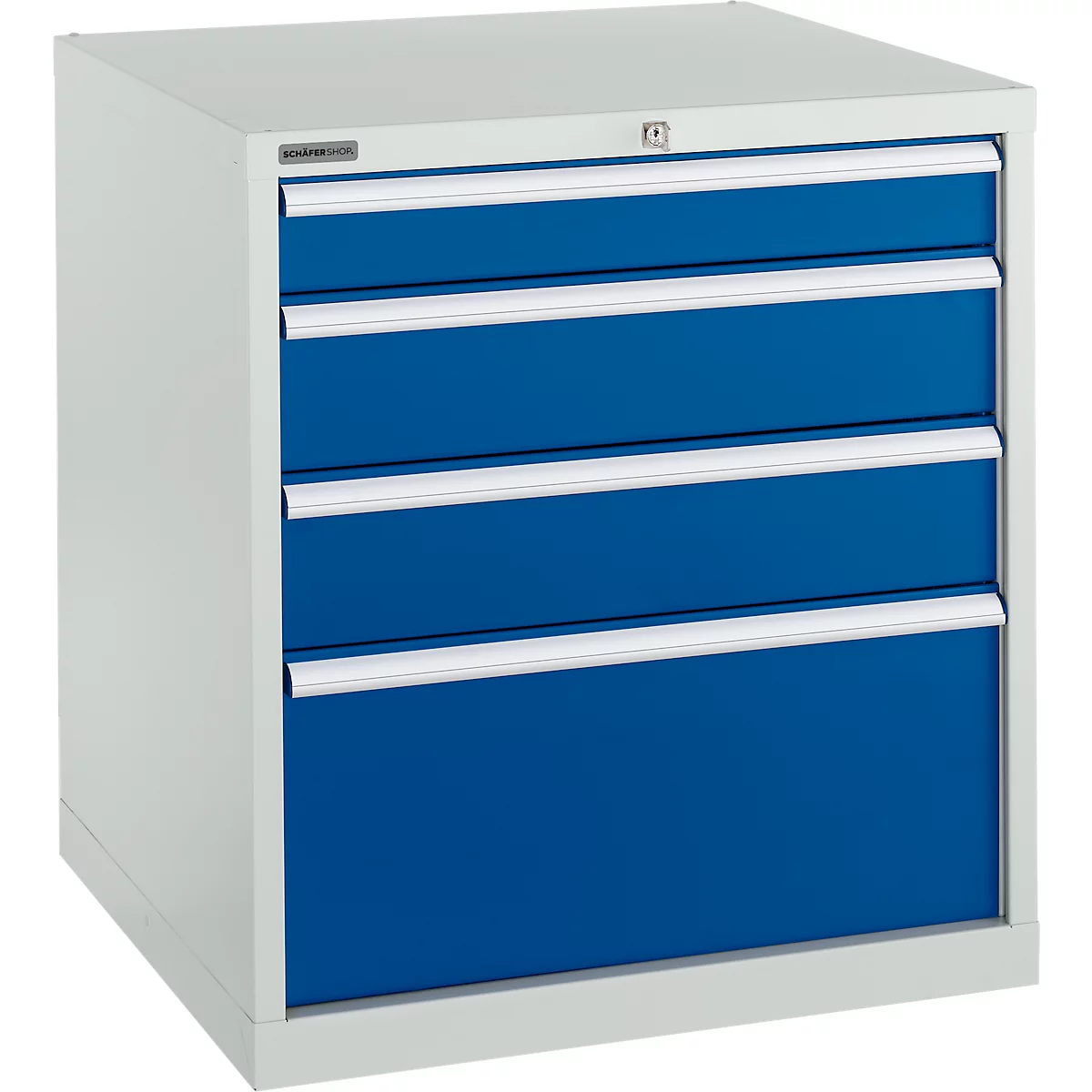 Blue and white tool cabinet with four drawers. A lock is visible in the top left corner.