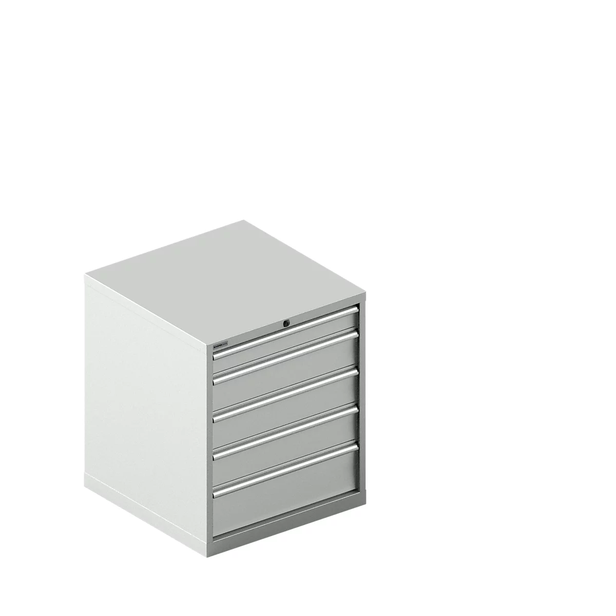 Gray, cubic cabinet with five drawers. The drawers have horizontal handles.