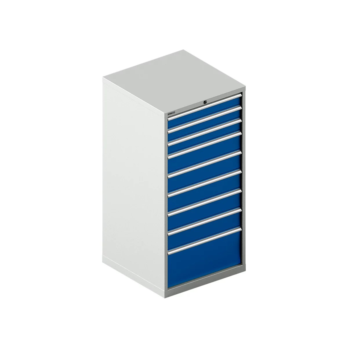 White tool cabinet with blue drawers. On top and side the cabinet is white, the drawers are blue.