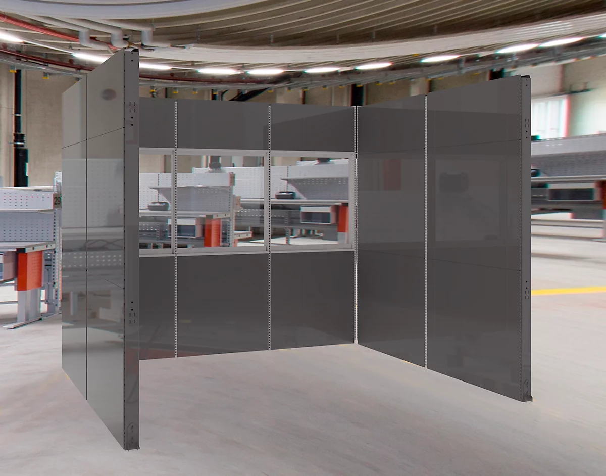 Schäfer Shop Select Schallschutz Stellwand System, U-Form, 15-teilig, mit Fenstern, Gesamtmaße L 3000 x B 2000 x H 2500 mm, staubgrau RAL 7037