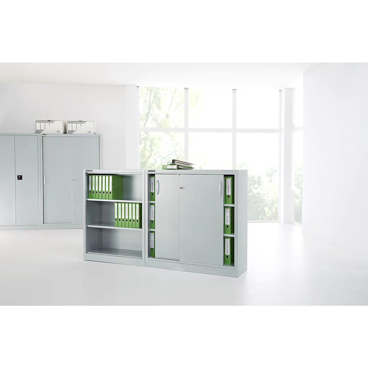 Schäfer Shop Select Schiebetürenschrank MS iCONOMY, Stahl, 3 Ordnerhöhen, B 1200 x T 400 x H 1215 mm, lichtgrau RAL 7035