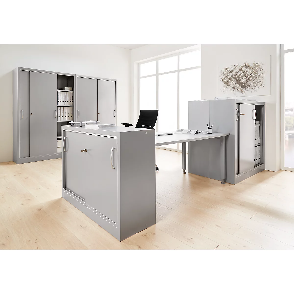 Schäfer Shop Select Schiebetürenschrank MS iCONOMY, Stahl, 5 Ordnerhöhen, B 1200 x T 400 x H 1935 mm, lichtgrau RAL 7035