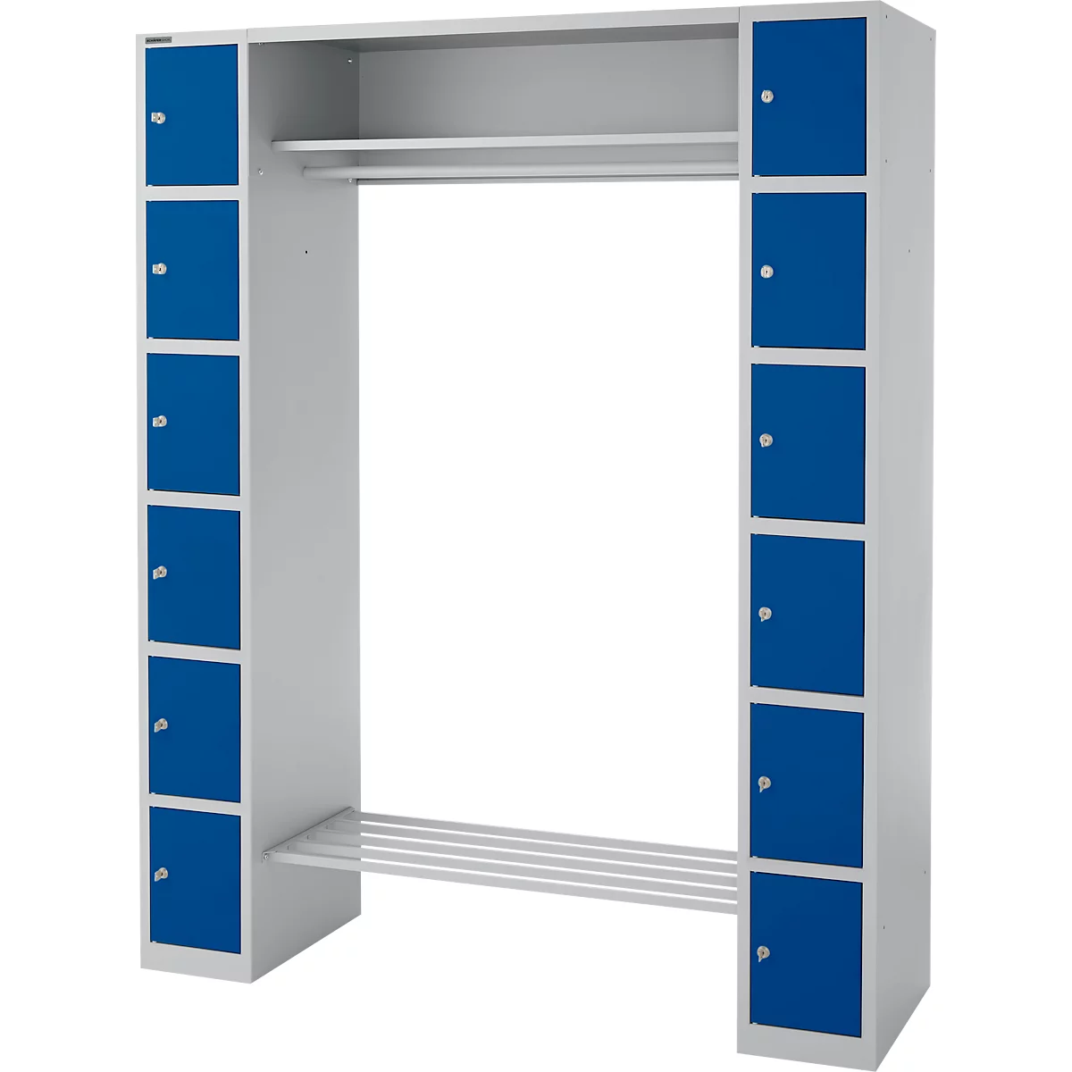 Schäfer Shop Select Schließfachgarderobe, mit Hutablage & Kleiderstange, 2 x 6 Fächer, B 1735 x T 500 x H 1950 mm, weißalu/enzianblau