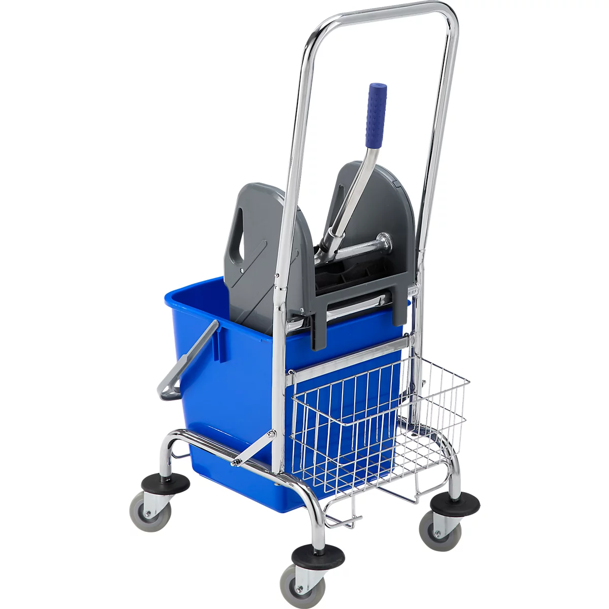 Blauwe schoonmaakwagen met dweilpers, emmer en wielen. Chroom frame, mand, grijze pers, blauwe emmer.