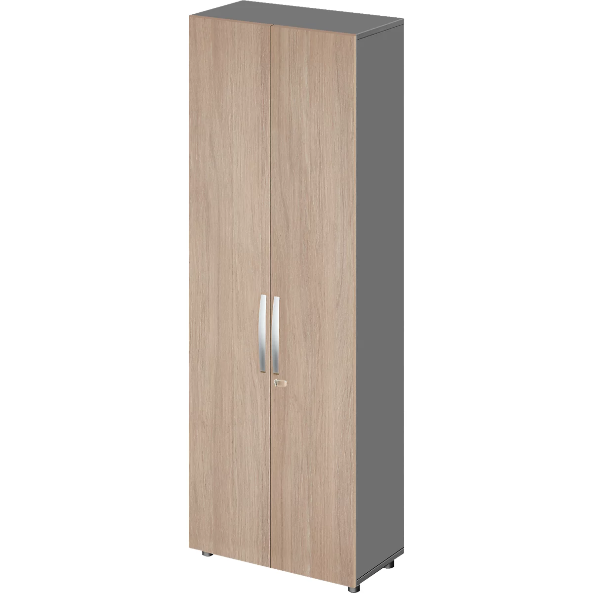 Beigefarbener Schrank mit Holzmuster, grauer Deckel und Seite, zwei silberne Griffe.