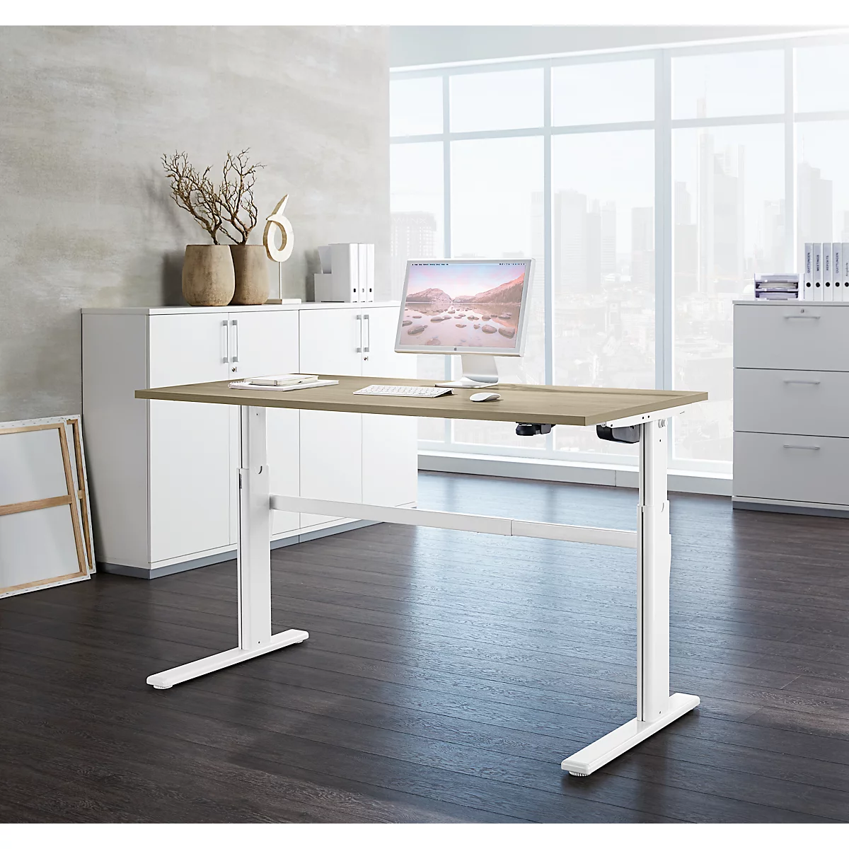 Schäfer Shop Select Schreibtisch, elektrisch höhenverstellbar, Rechteck, C-Fuß, B 1600 x T 800 x H 725-1185 mm, Wildeiche/weiß