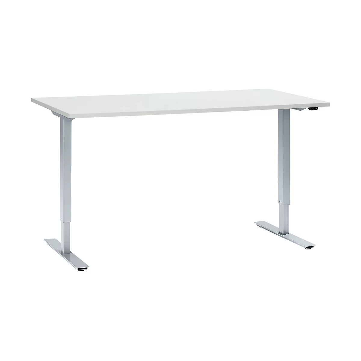 Schäfer Shop Select Schreibtisch, elektrisch höhenverstellbar, Rechteck, T-Fuß, B 1600 x T 800 x H 705-1205 mm, lichtgrau/weißaluminium