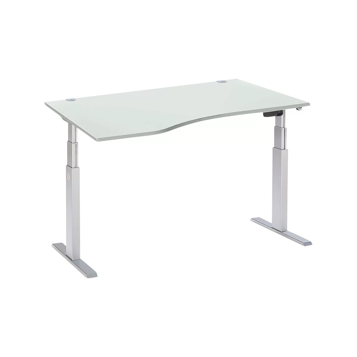 Schäfer Shop Select Schreibtisch ERGO-T, elektrisch höhenverstellbar, Freiform, Ansatz links, T-Fuß, B 1800 x H 640-1300 mm, lichtgrau/weißalu