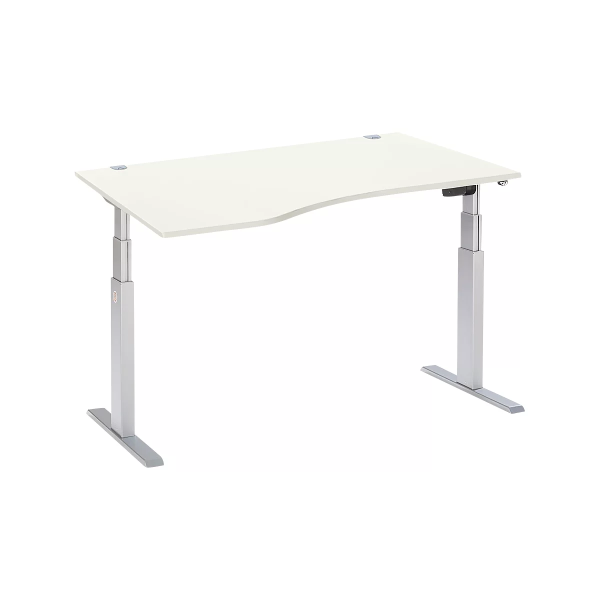 Schäfer Shop Select Schreibtisch ERGO-T, elektrisch höhenverstellbar, Freiform, Ansatz links, T-Fuß, B 1800 x H 640-1300 mm, weiß/weißalu
