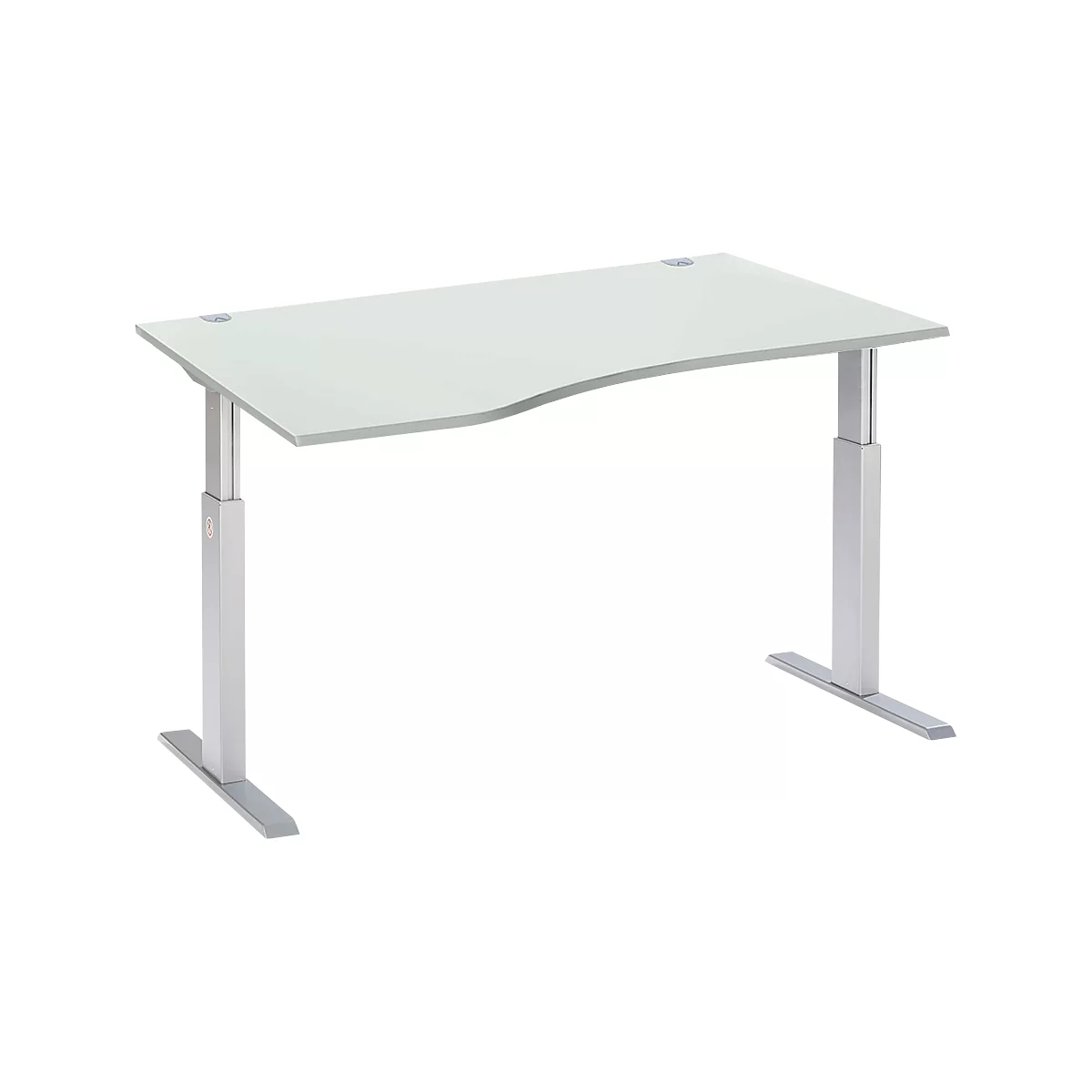 Schäfer Shop Select Schreibtisch ERGO-T, elektrisch höhenverstellbar, Freiform, Ansatz links, T-Fuß, B 1800 x H 725-1185 mm, lichtgrau/weißalu