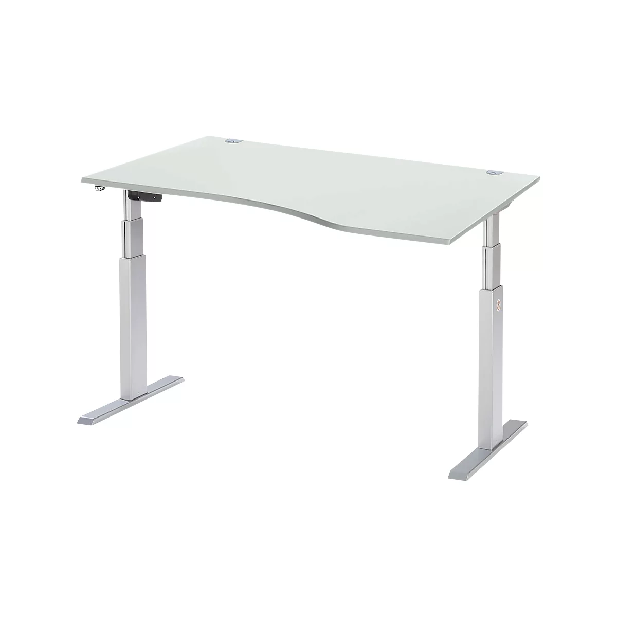Schäfer Shop Select Schreibtisch ERGO-T, elektrisch höhenverstellbar, Freiform, Ansatz rechts, T-Fuß, B 1800 x H 640-1300 mm, lichtgrau/weißalu