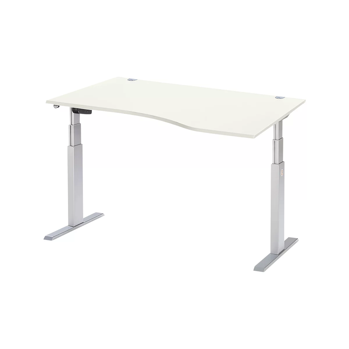 Schäfer Shop Select Schreibtisch ERGO-T, elektrisch höhenverstellbar, Freiform, Ansatz rechts, T-Fuß, B 1800 x H 640-1300 mm, weiß/weißalu