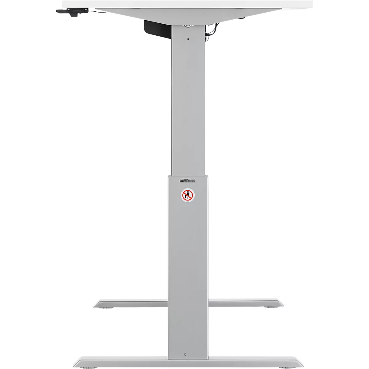 Hellgrauer, höhenverstellbarer Schreibtisch. Der Tisch hat eine weisse Platte und ein graues Gestell mit einem roten Warnhinweis.