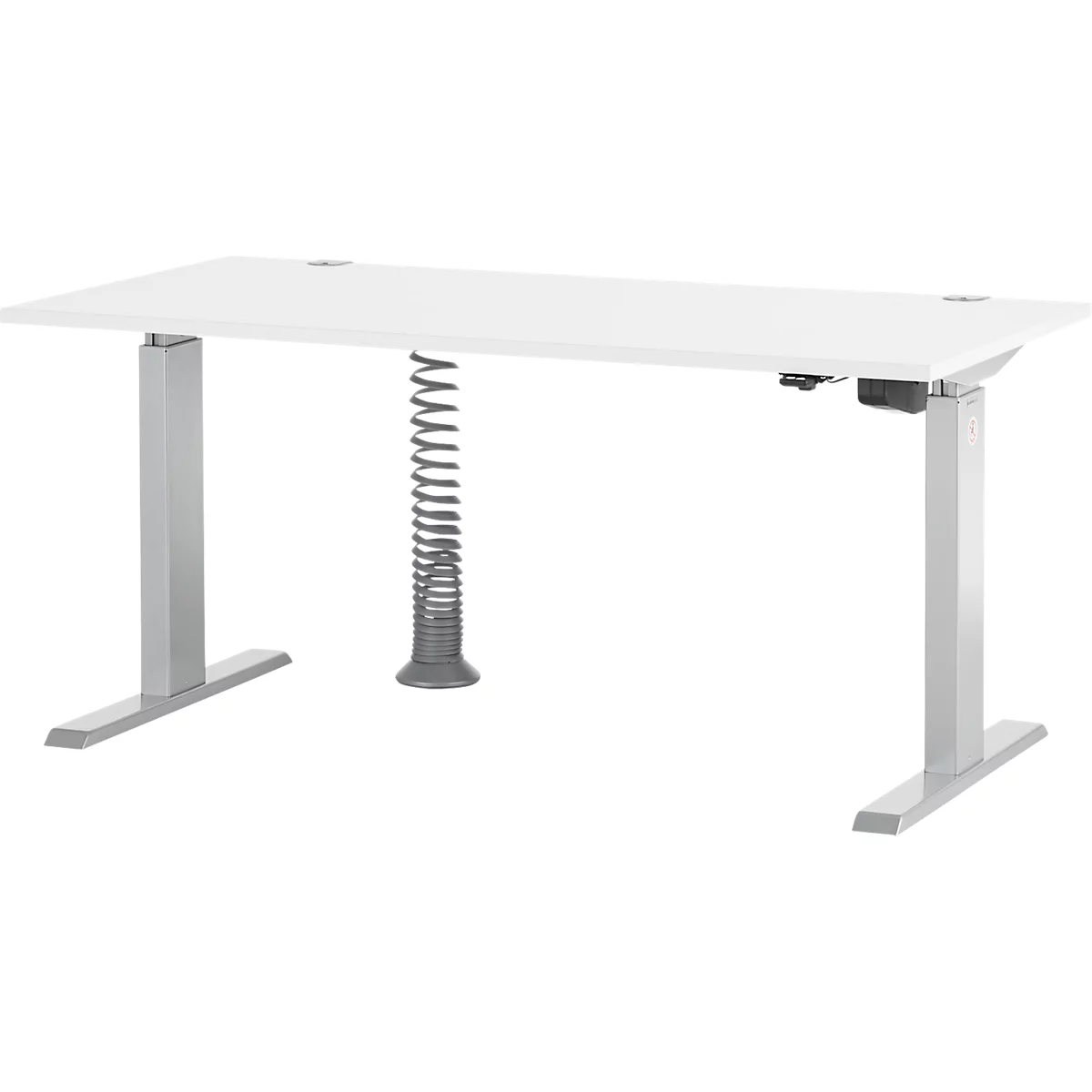 Weißer, höhenverstellbarer Schreibtisch mit grauen Beinen und einem spiralförmigen Kabelmanagement.