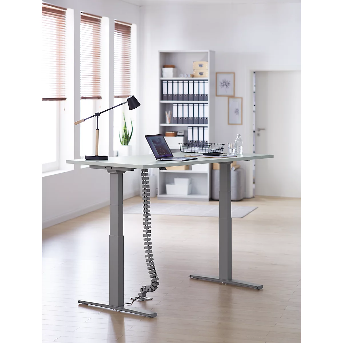Schäfer Shop Select Schreibtisch Login, elektrisch höhenverstellbar, T-Fuß, B 1600 x T 800 x H 645-1290 mm, lichtgrau/weißalu + Kabelschlange, silber