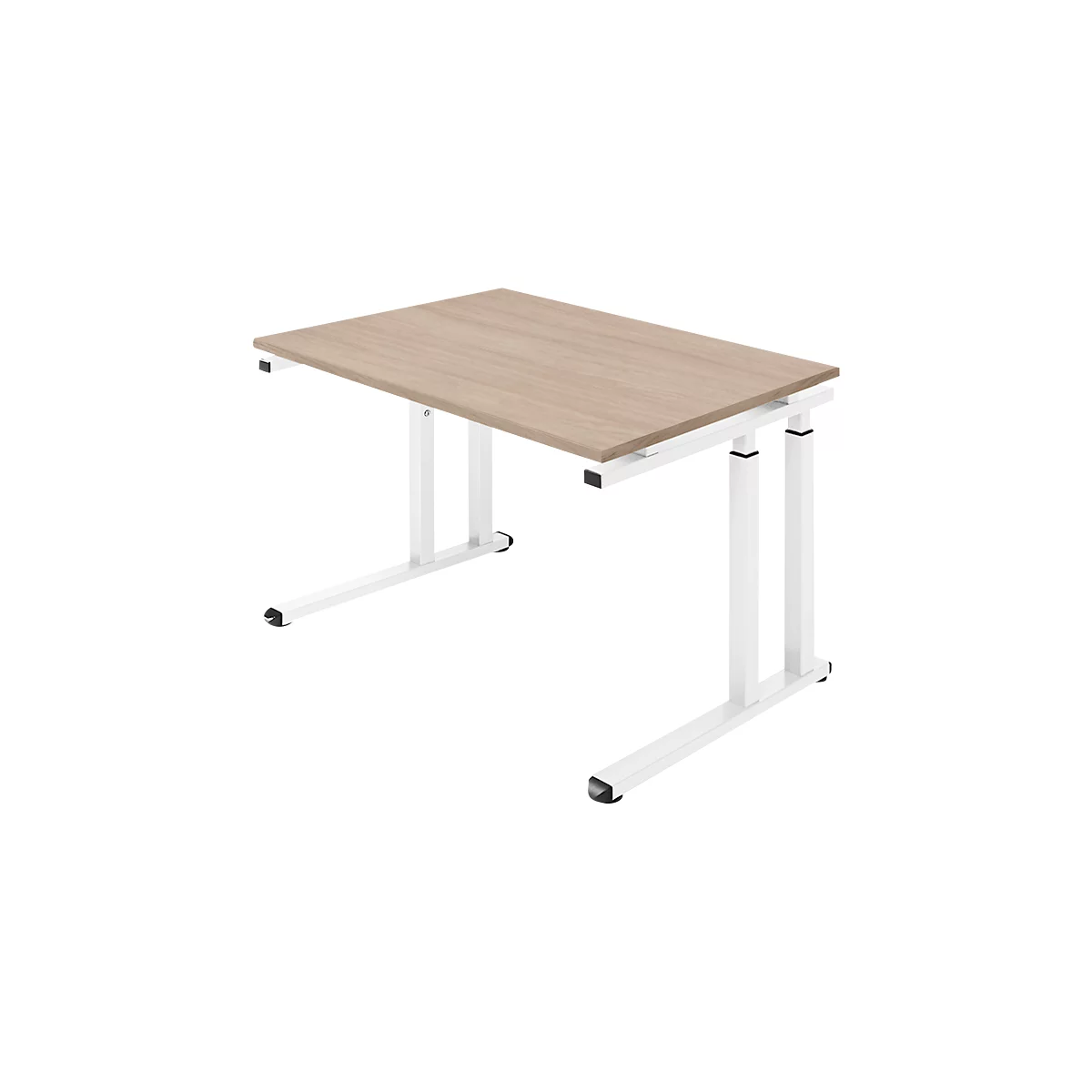 Hellbrauner Schreibtisch mit weißem Metallgestell, perspektivisch fotografiert.