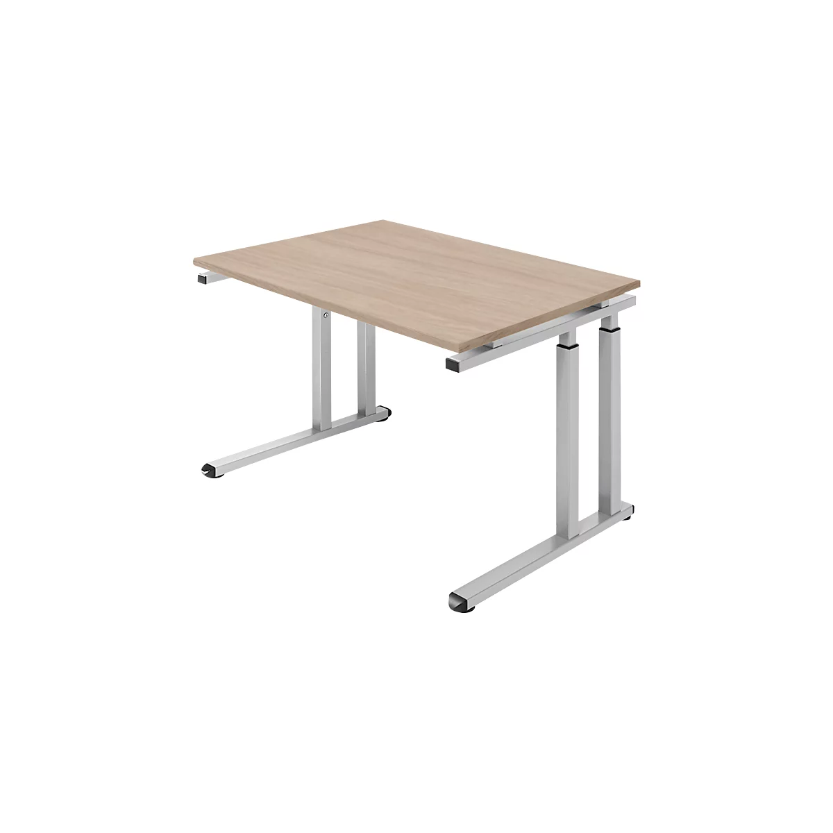 Hellbrauner Schreibtisch mit silbernen Beinen, vor weißem Hintergrund.