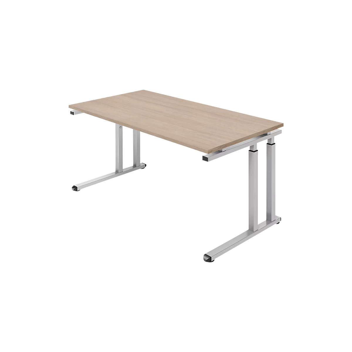 Hellbrauner Schreibtisch mit Metallbeinen, freigestellt vor weißem Hintergrund.