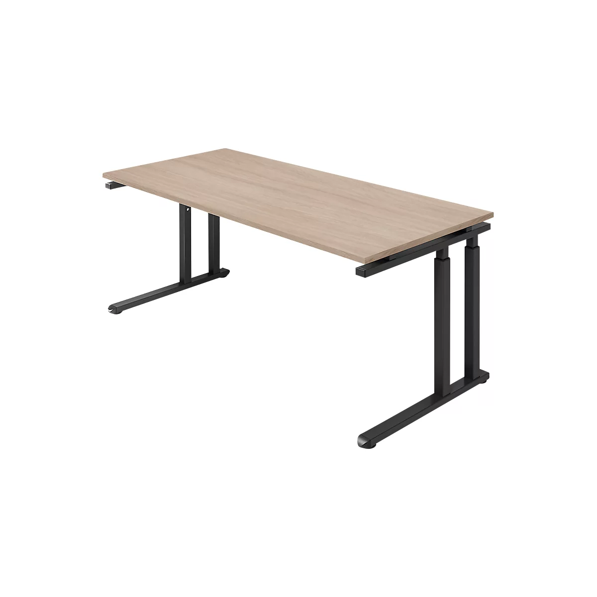 Ein helles Holz-Schreibtisch mit schwarzem Metallgestell. Die Tischbeine sind höhenverstellbar. Perspektivische Ansicht.