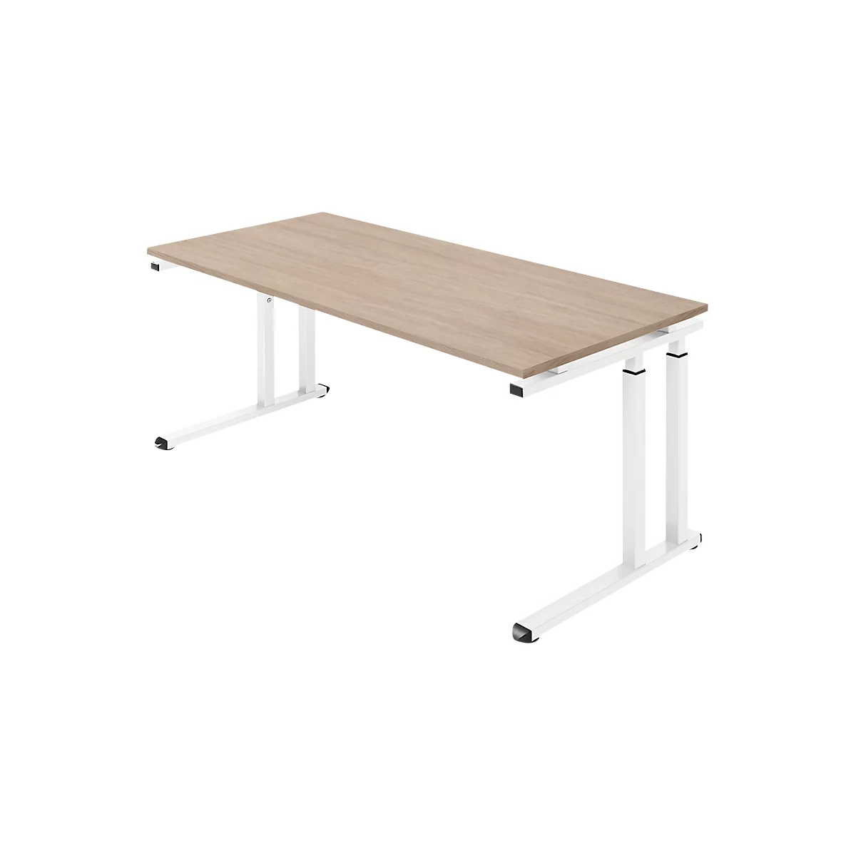 Hellbrauner Schreibtisch mit weißem Gestell, leicht von oben fotografiert.