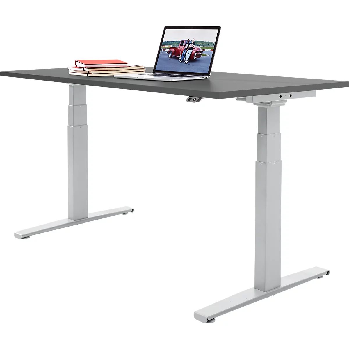 Schäfer Shop Select Schreibtisch SET UP, elektrisch höhenverstellbar, Rechteck, T-Fuß, B 1600 x T 800 x H 645-1290 mm, graphit/weißaluminium 