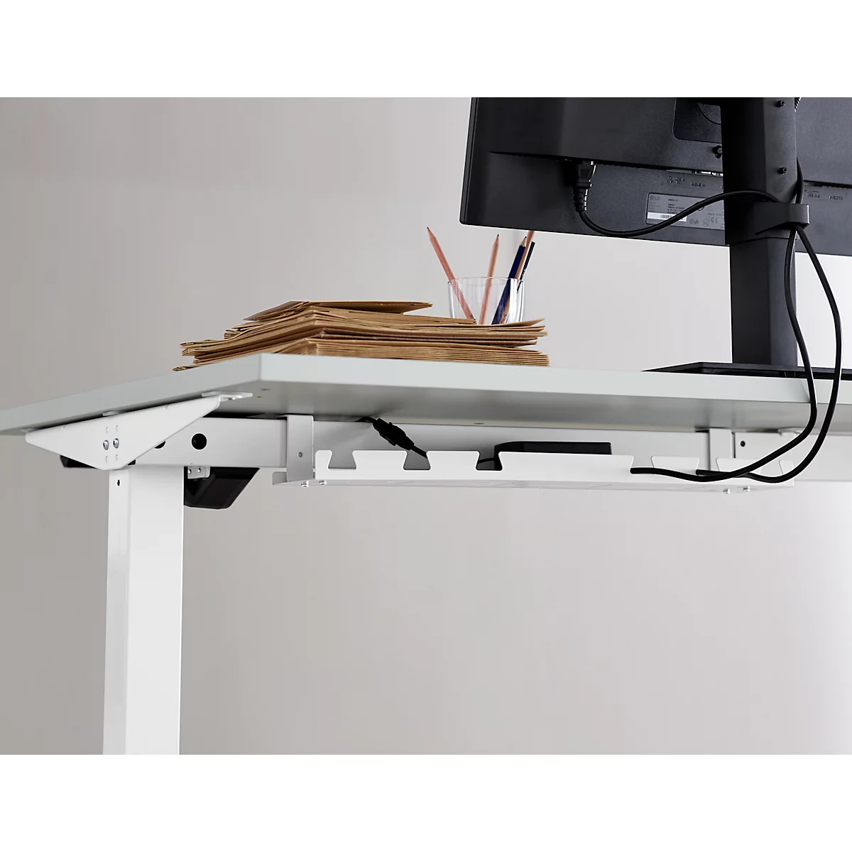 Schäfer Shop Select Schreibtisch Start Off, elektrisch höhenverstellbar, Rechteck, T-Fuß, B 1200 x T 800 x H 755-1255 mm, Ahorn/weiß 