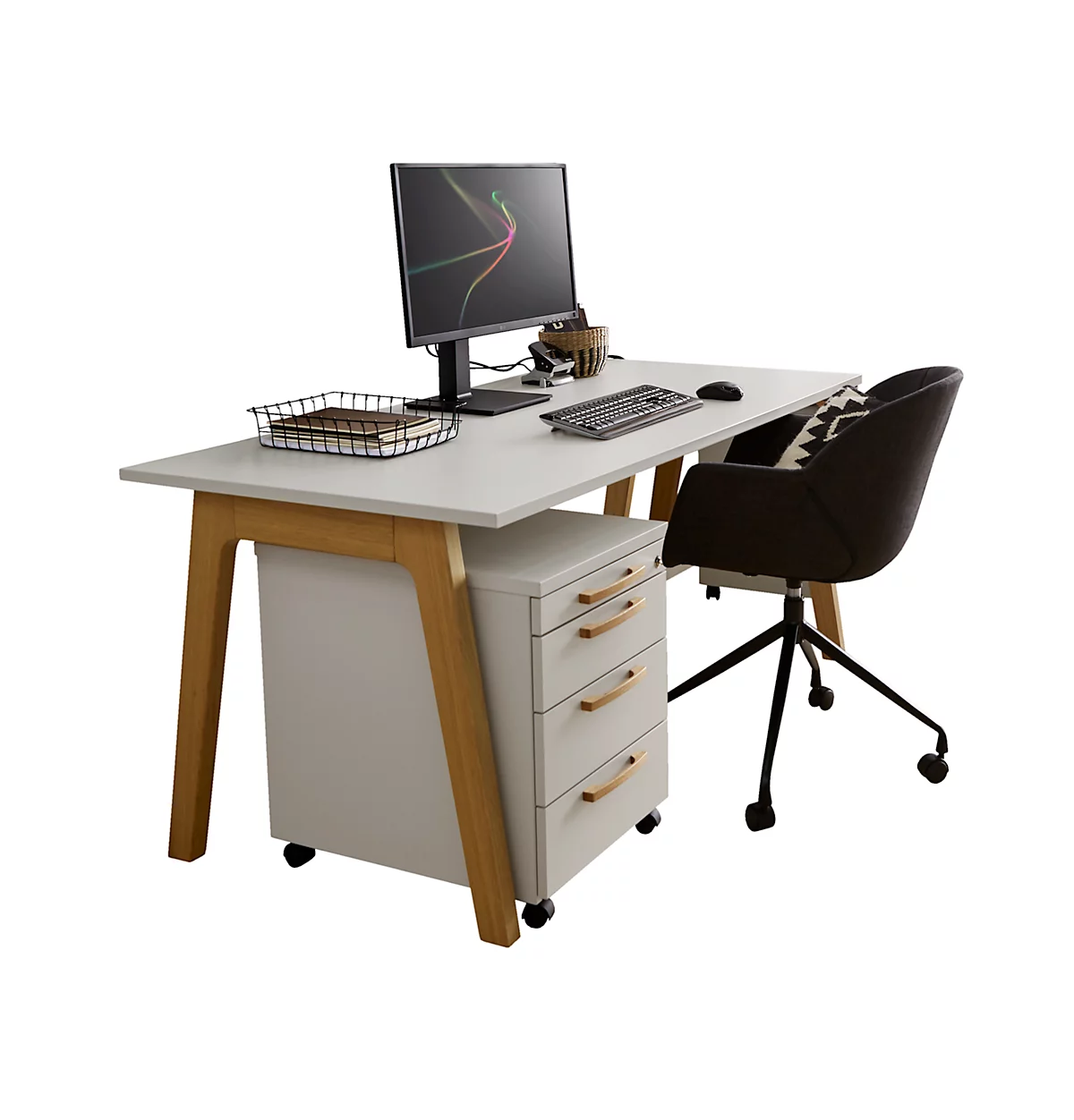 Schäfer Shop Select Schreibtisch Start Off Wood, Rechteck, A-Fuß, B 1600 x T 800 x H 735 mm, weiß/Holzoptik 