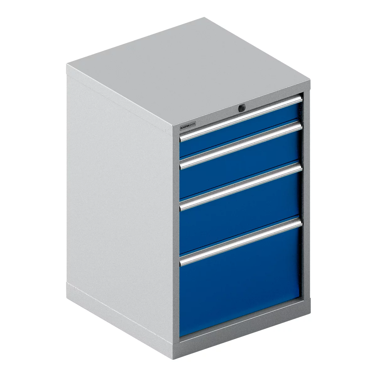 Ein Schrank mit vier Schubladen in Blau. Die Schubladen haben silberne Griffe. Der Schrank selbst ist grau.