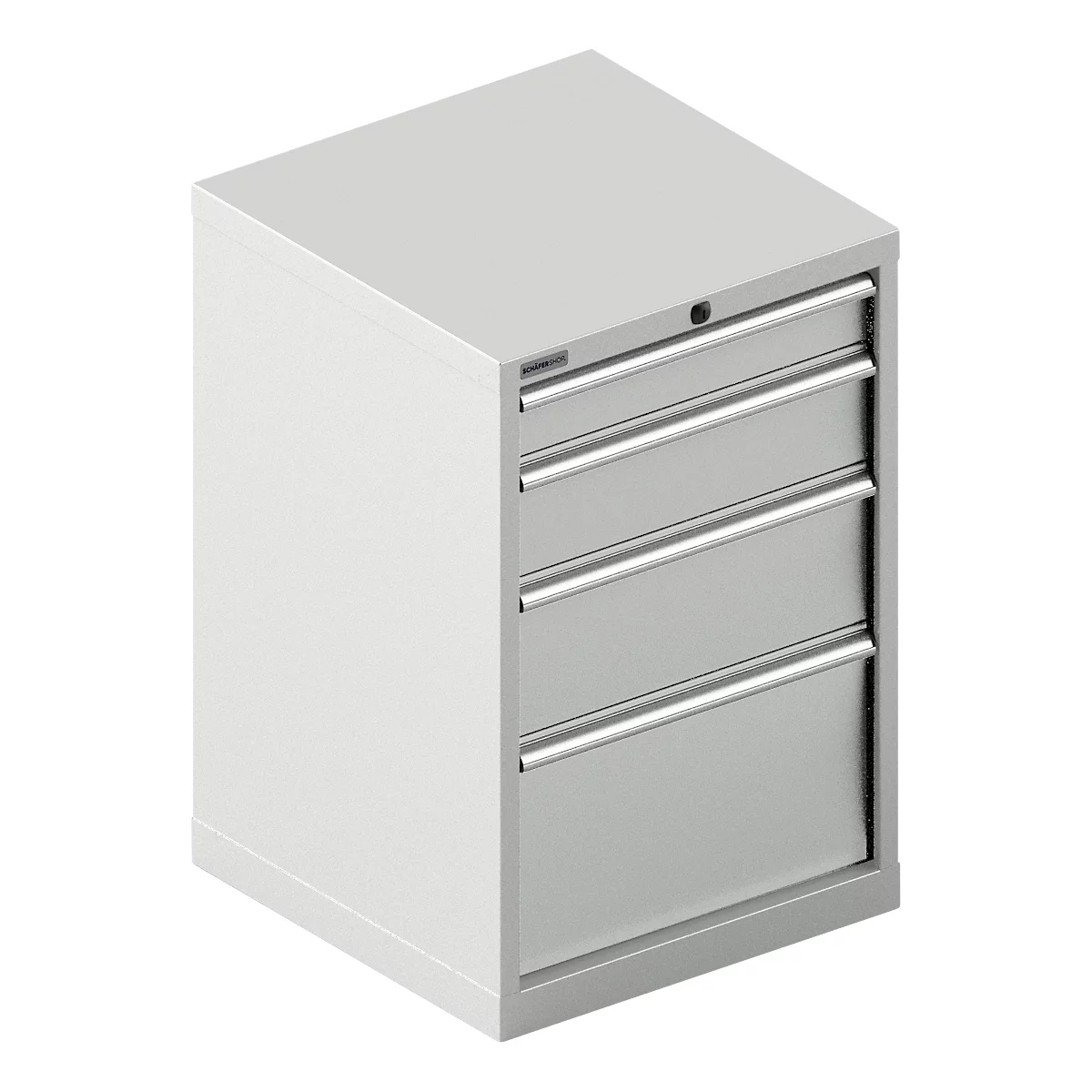 Grauer Metallschrank mit vier Schubladen und silbernen Griffen. Der Schrank steht vor neutralem Hintergrund.