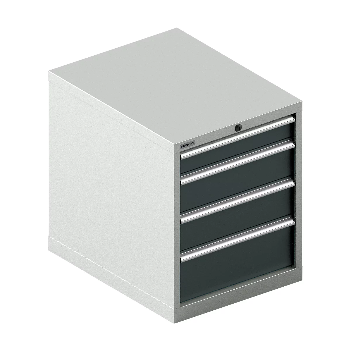 Grauer Werkzeugschrank mit drei Schubladen, Metallgriffen und einem Schlosssymbol.