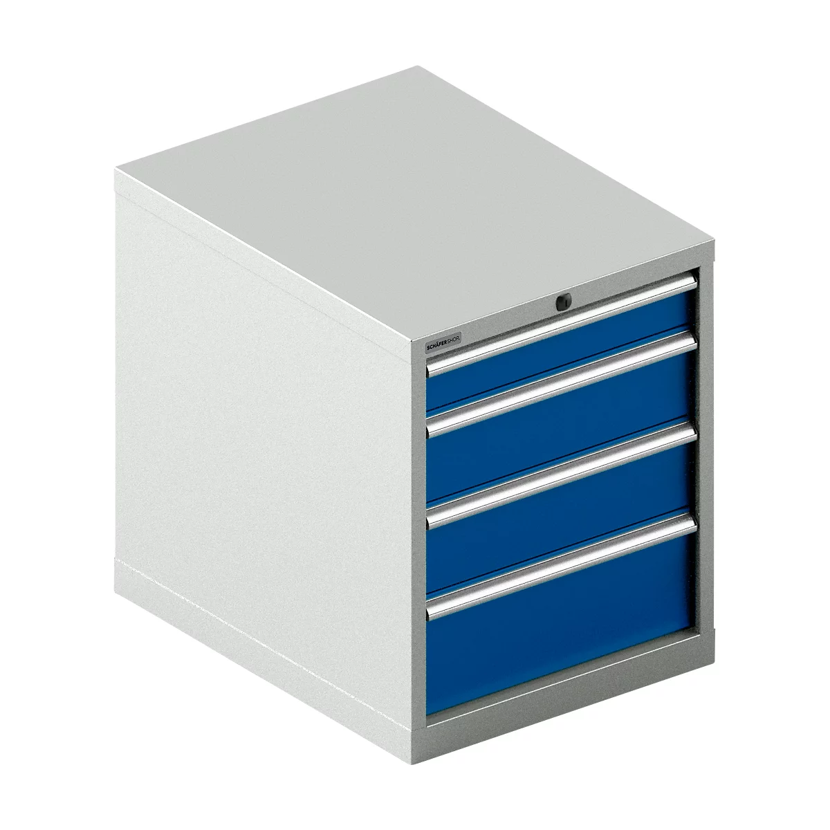 Schrank mit vier Schubladen in Blau. Grauer Korpus, silberne Griffe.